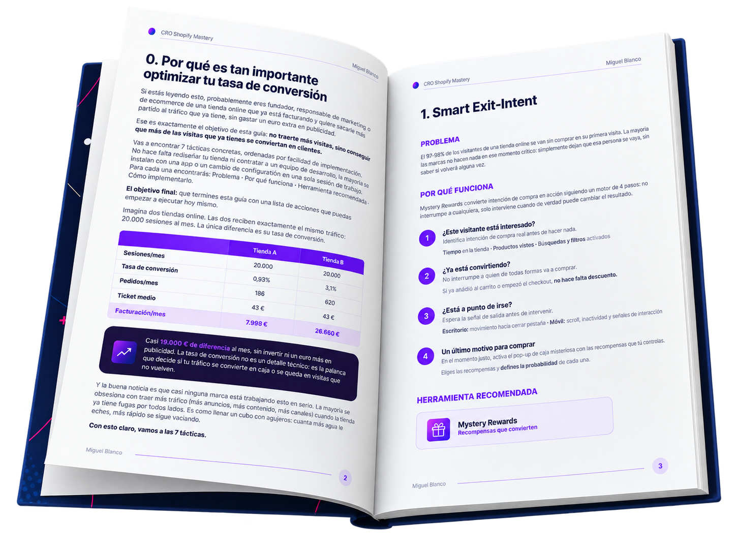 Interior del ebook CRO Shopify Mastery Blueprint abierto, mostrando la táctica Smart Exit-Intent con ejemplos y datos reales
